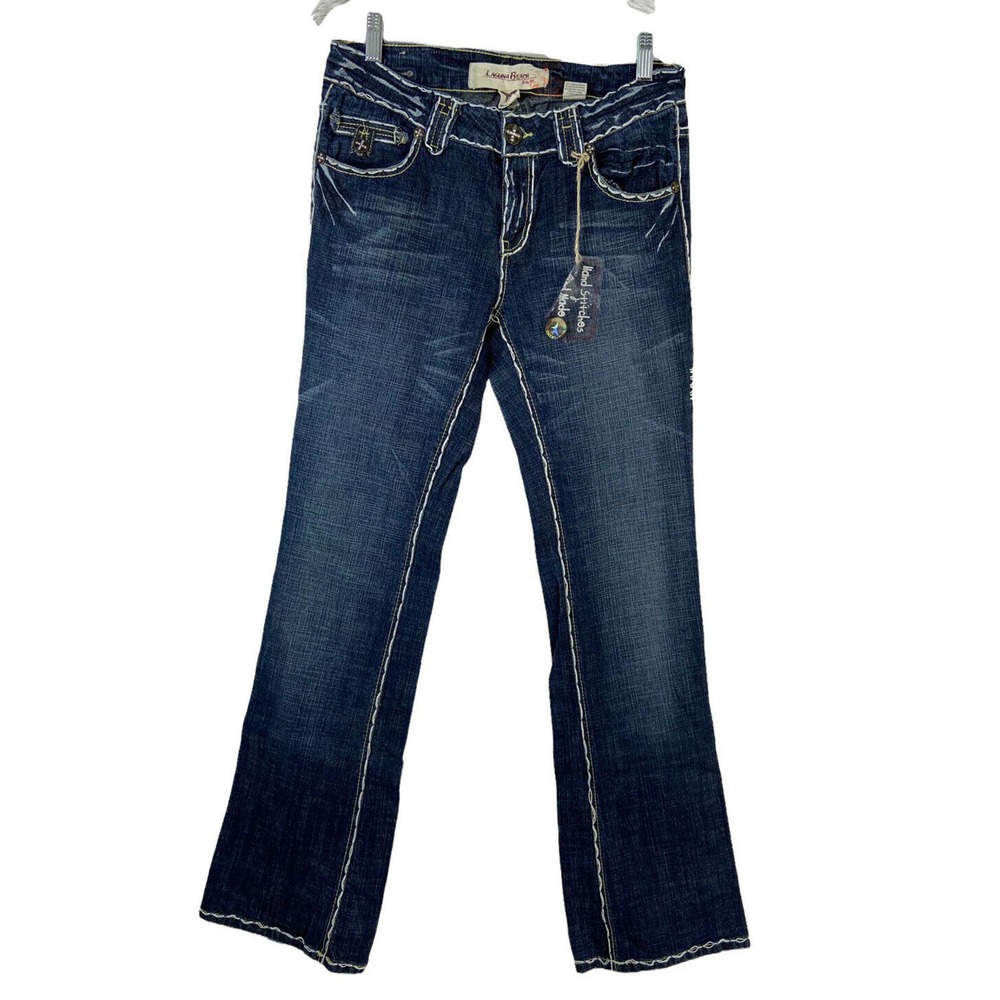Laguna Beach Dark Wash Bootcut Hand Thick Stitch Rhinestone Cross Detail Sz31